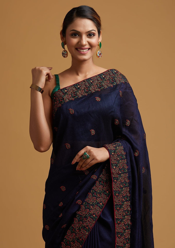 Navy Blue Threadwork Art Silk Designer Saree - koskii
