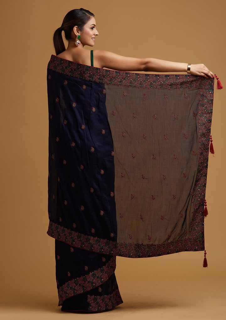 Navy Blue Threadwork Art Silk Designer Saree - koskii