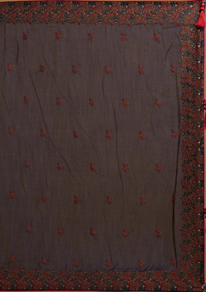 Navy Blue Threadwork Art Silk Designer Saree - koskii