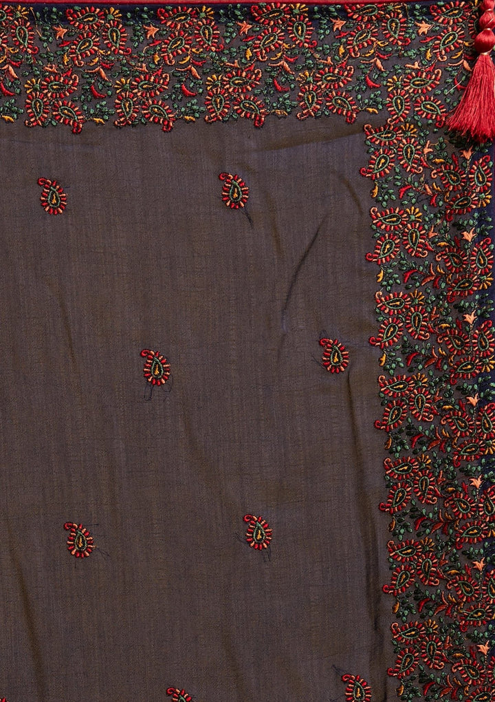 Navy Blue Threadwork Art Silk Designer Saree - koskii