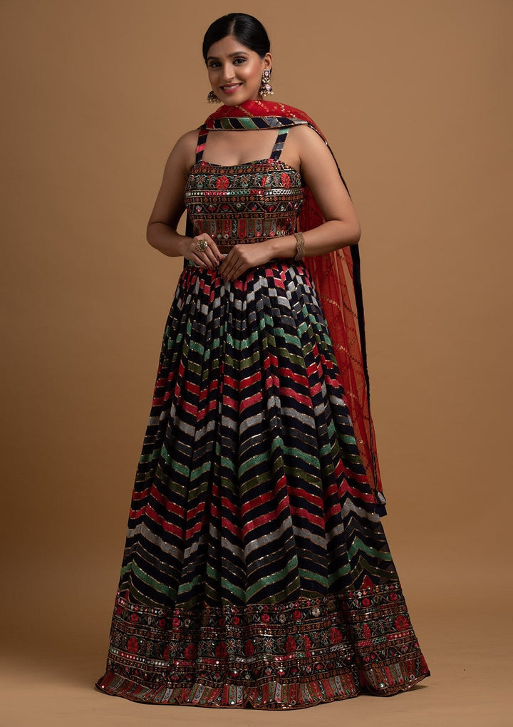 Navy Blue Threadwork Georgette Designer Lehenga - koskii
