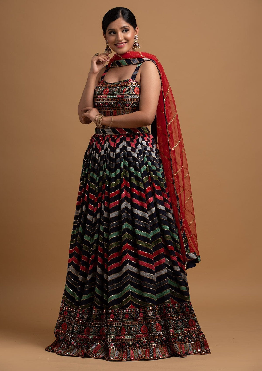 Navy Blue Threadwork Georgette Designer Lehenga - koskii