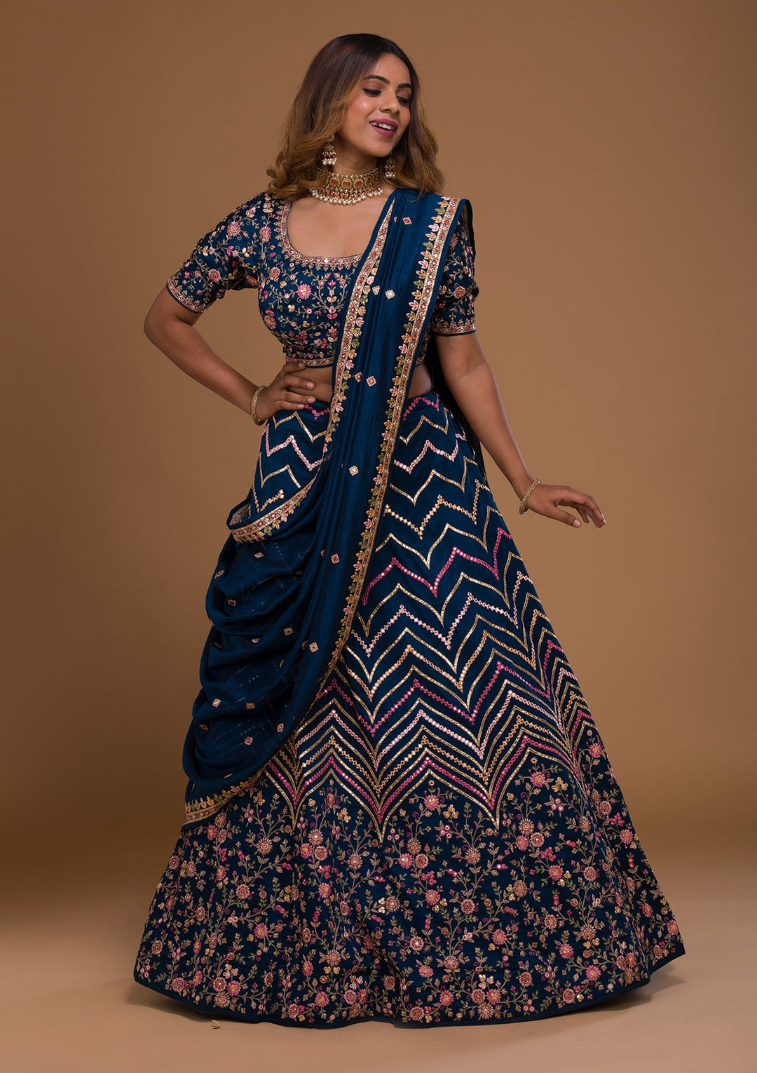 Navy Blue Threadwork Georgette Designer Lehenga-Koskii