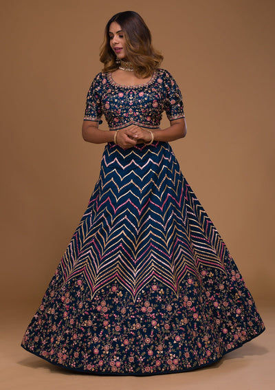 Navy Blue Threadwork Georgette Designer Lehenga-Koskii