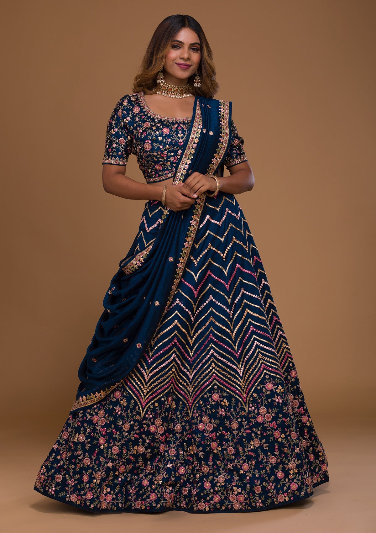 Navy Blue Threadwork Georgette Designer Lehenga-Koskii