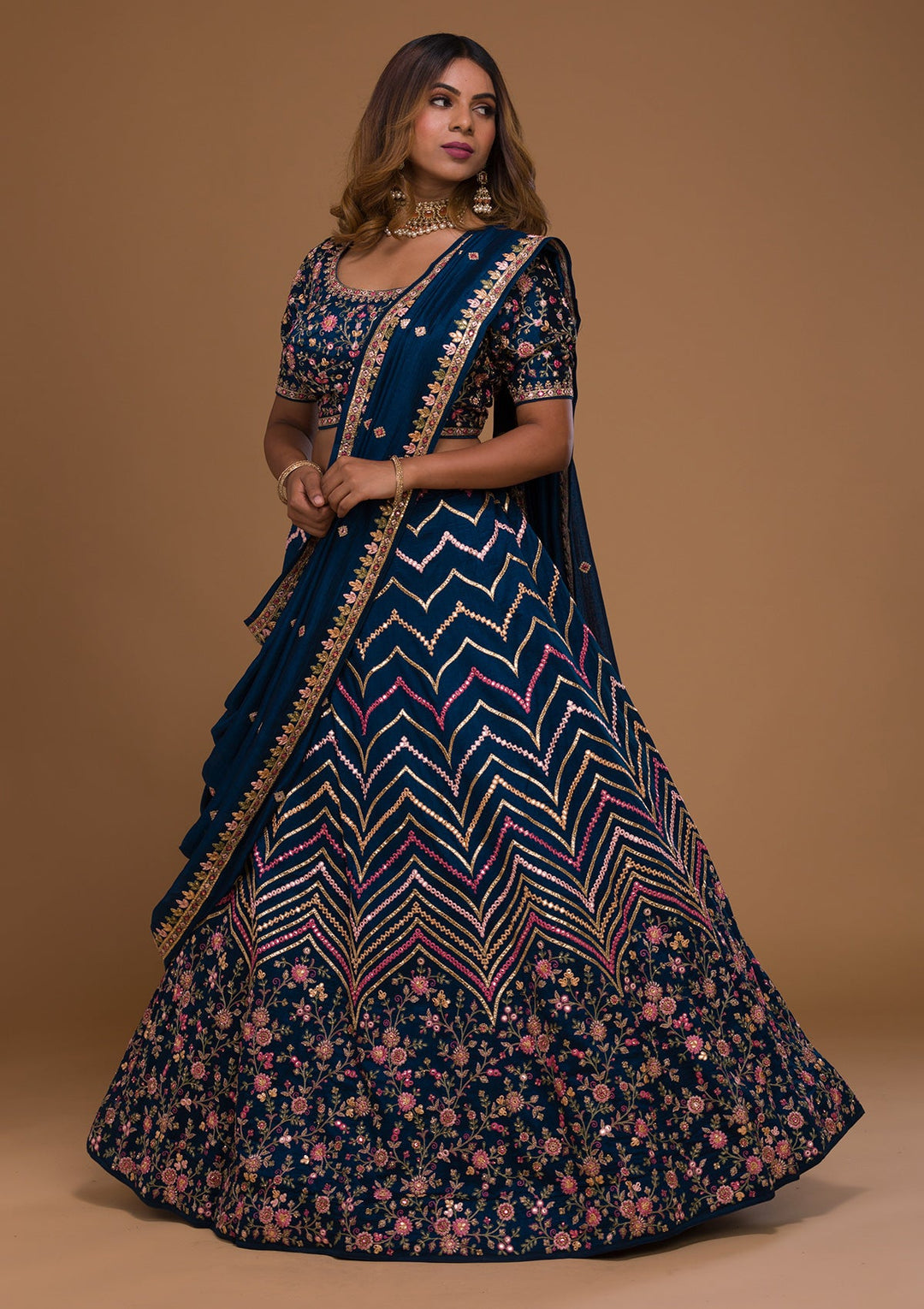 Navy Blue Threadwork Georgette Designer Lehenga-Koskii