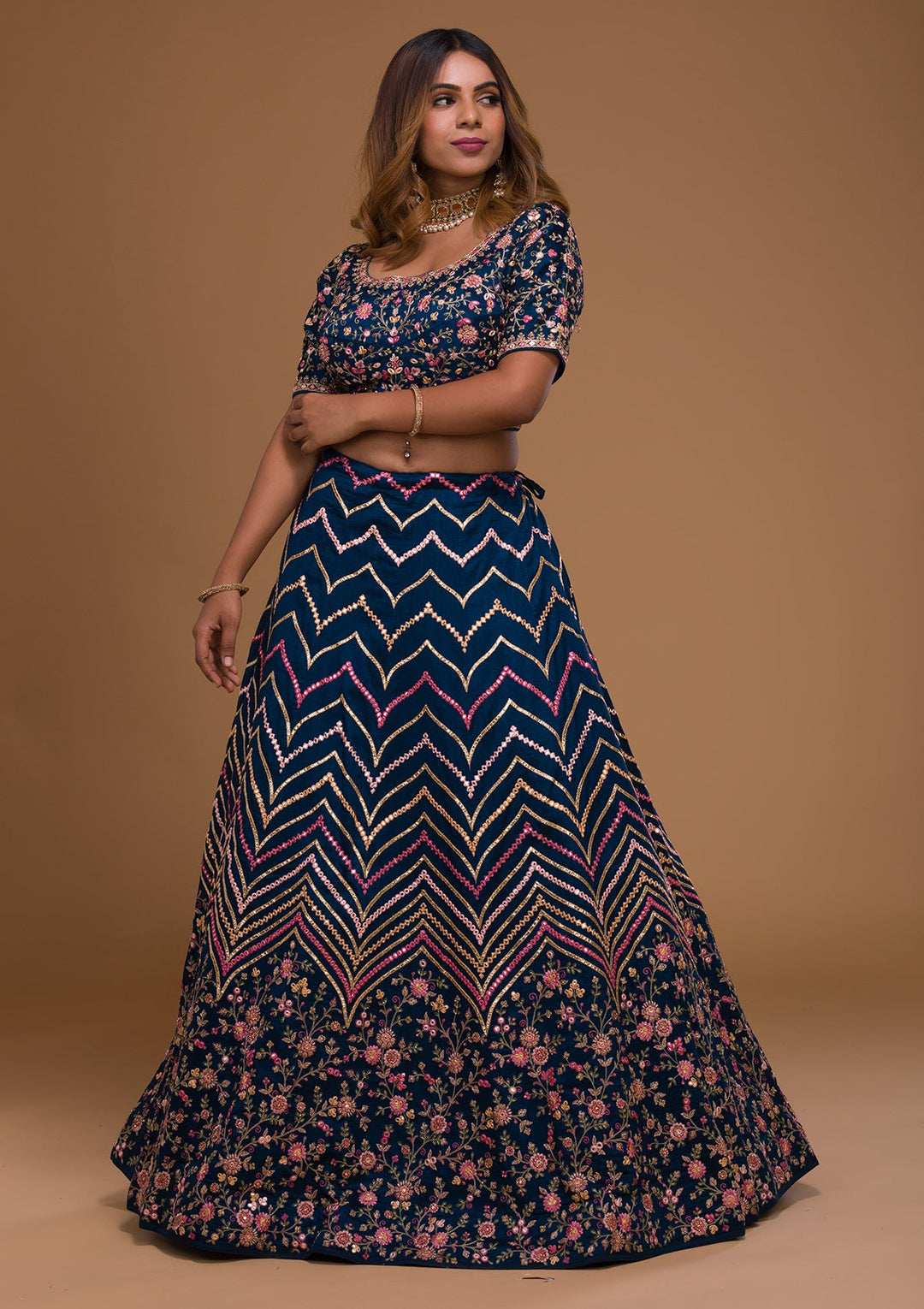 Navy Blue Threadwork Georgette Designer Lehenga-Koskii