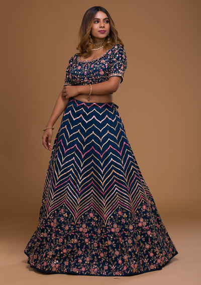 Navy Blue Threadwork Georgette Designer Lehenga-Koskii