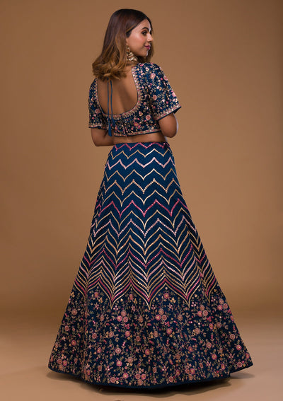 Navy Blue Threadwork Georgette Designer Lehenga-Koskii