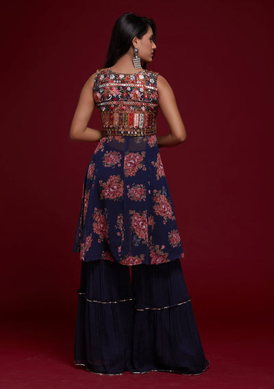 Navy Blue Threadwork Georgette Designer Salwar Suit - Koskii