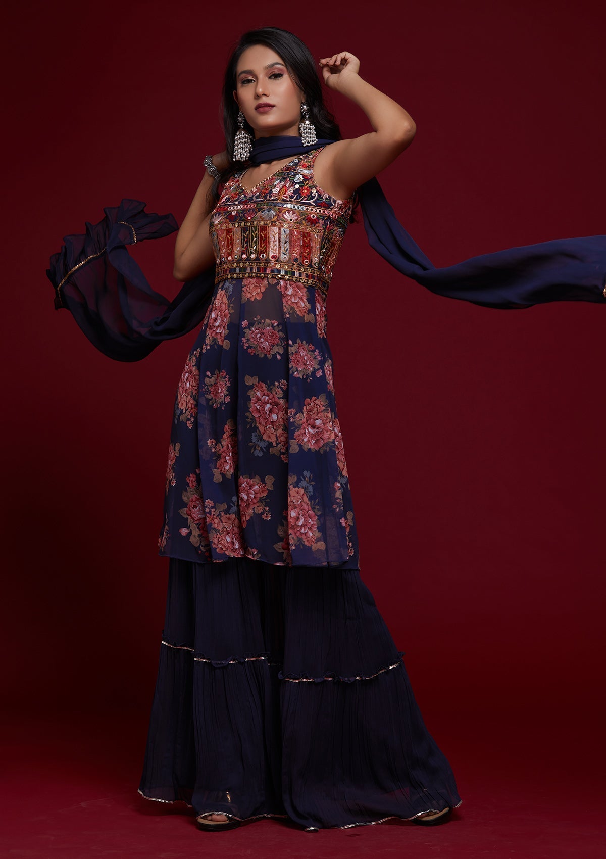 Navy Blue Threadwork Georgette Designer Salwar Suit - Koskii