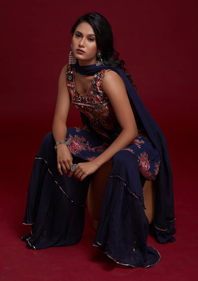 Navy Blue Threadwork Georgette Designer Salwar Suit - Koskii
