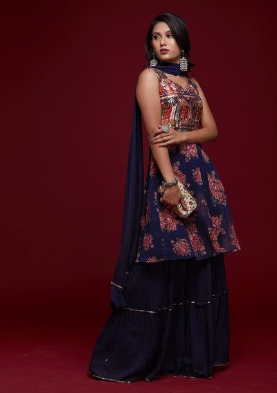 Navy Blue Threadwork Georgette Designer Salwar Suit - Koskii