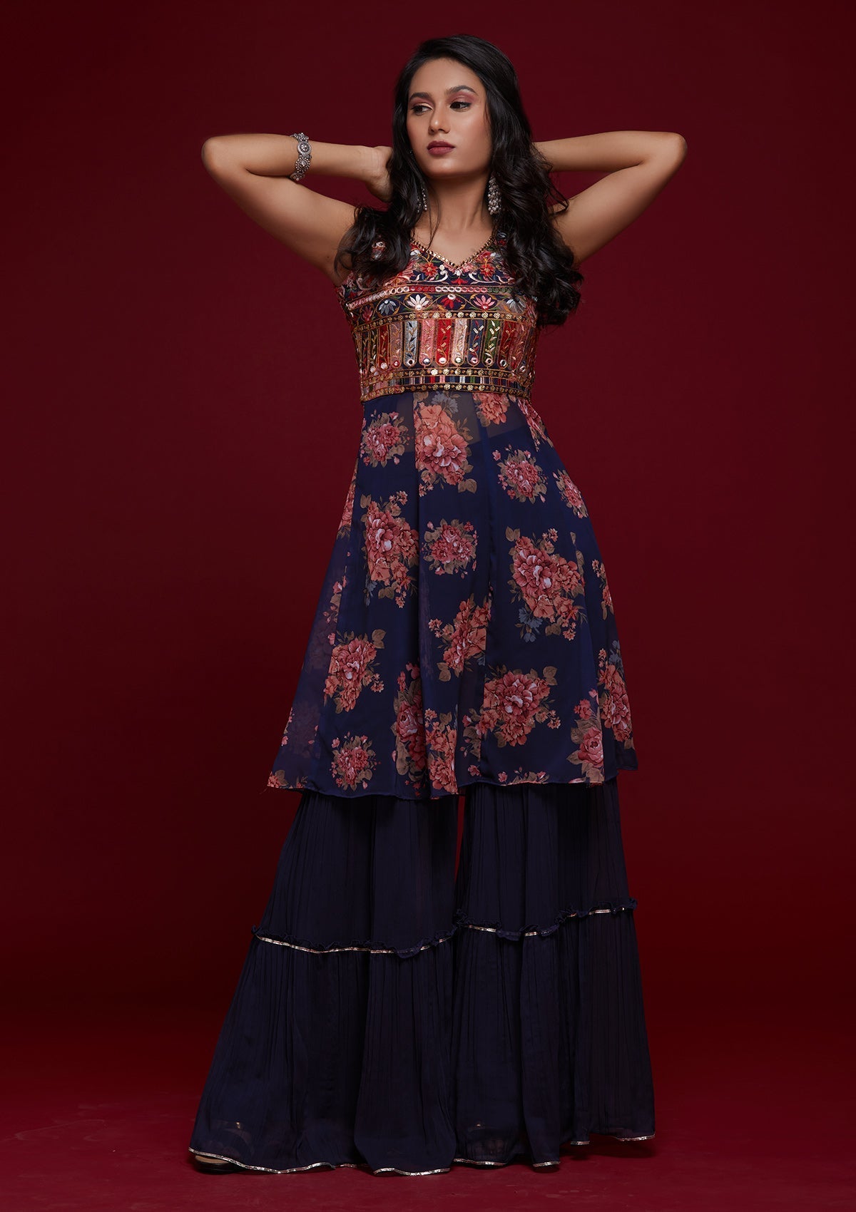 Navy Blue Threadwork Georgette Designer Salwar Suit - Koskii