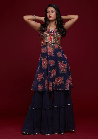 Navy Blue Threadwork Georgette Designer Salwar Suit - Koskii