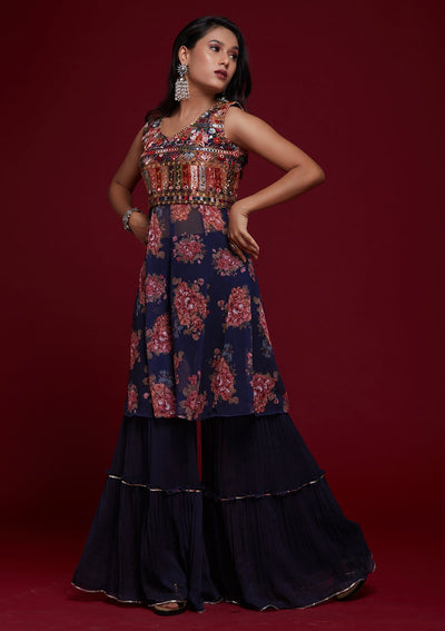 Navy Blue Threadwork Georgette Designer Salwar Suit - Koskii