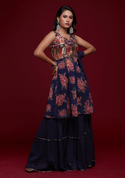 Navy Blue Threadwork Georgette Designer Salwar Suit - Koskii