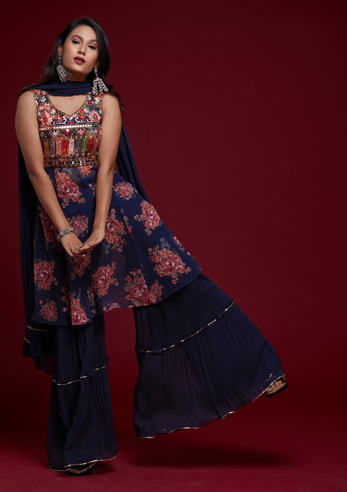 Navy Blue Threadwork Georgette Designer Salwar Suit - Koskii