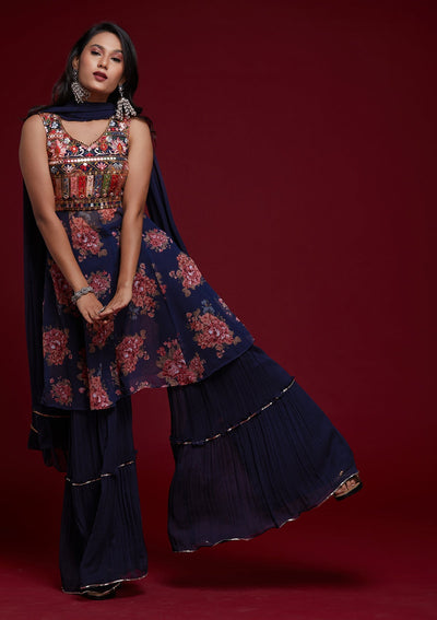 Navy Blue Threadwork Georgette Designer Salwar Suit - Koskii