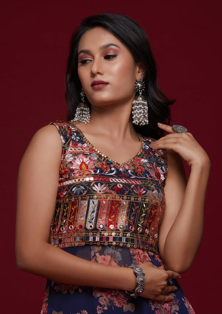 Navy Blue Threadwork Georgette Designer Salwar Suit - Koskii