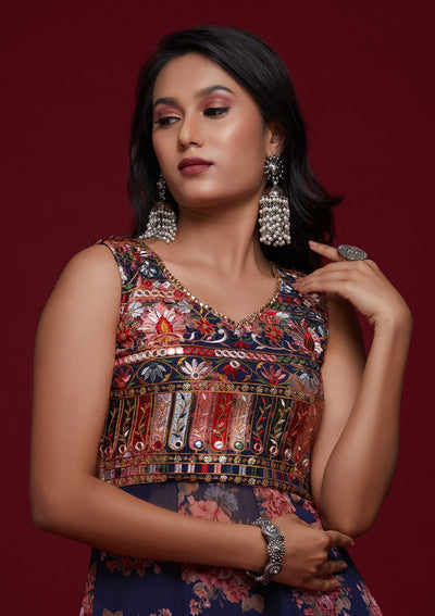 Navy Blue Threadwork Georgette Designer Salwar Suit - Koskii