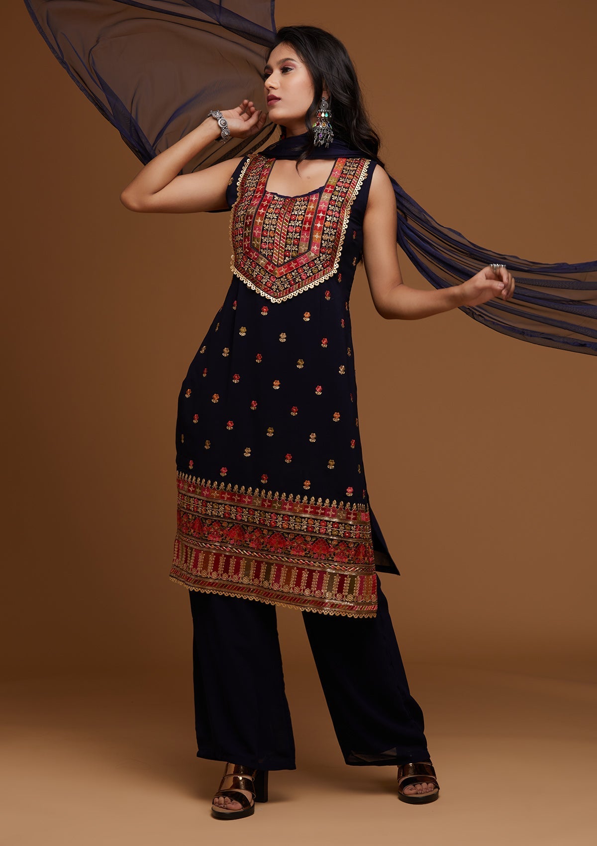 Navy Blue Threadwork Georgette Designer Salwar Suit - Koskii