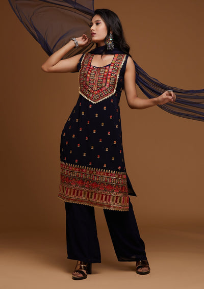 Navy Blue Threadwork Georgette Designer Salwar Suit - Koskii