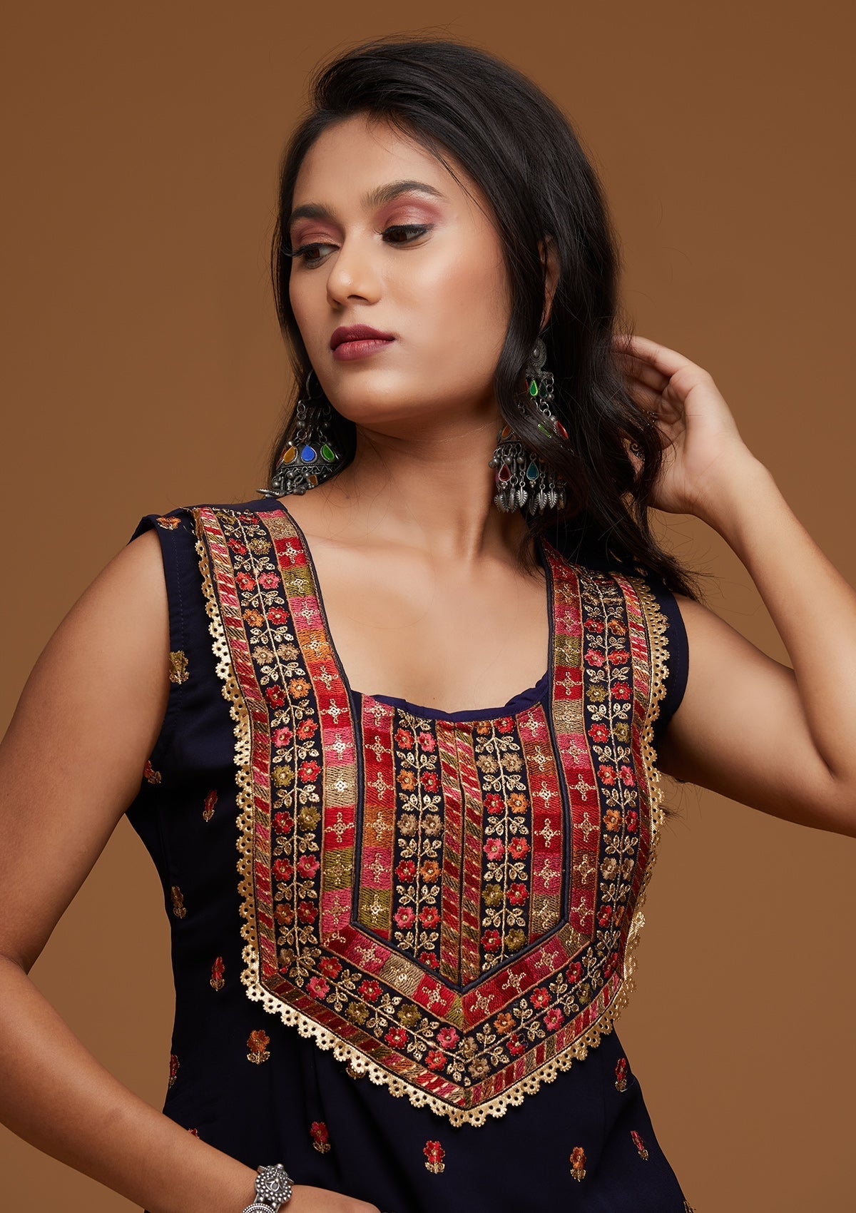 Navy Blue Threadwork Georgette Designer Salwar Suit - Koskii