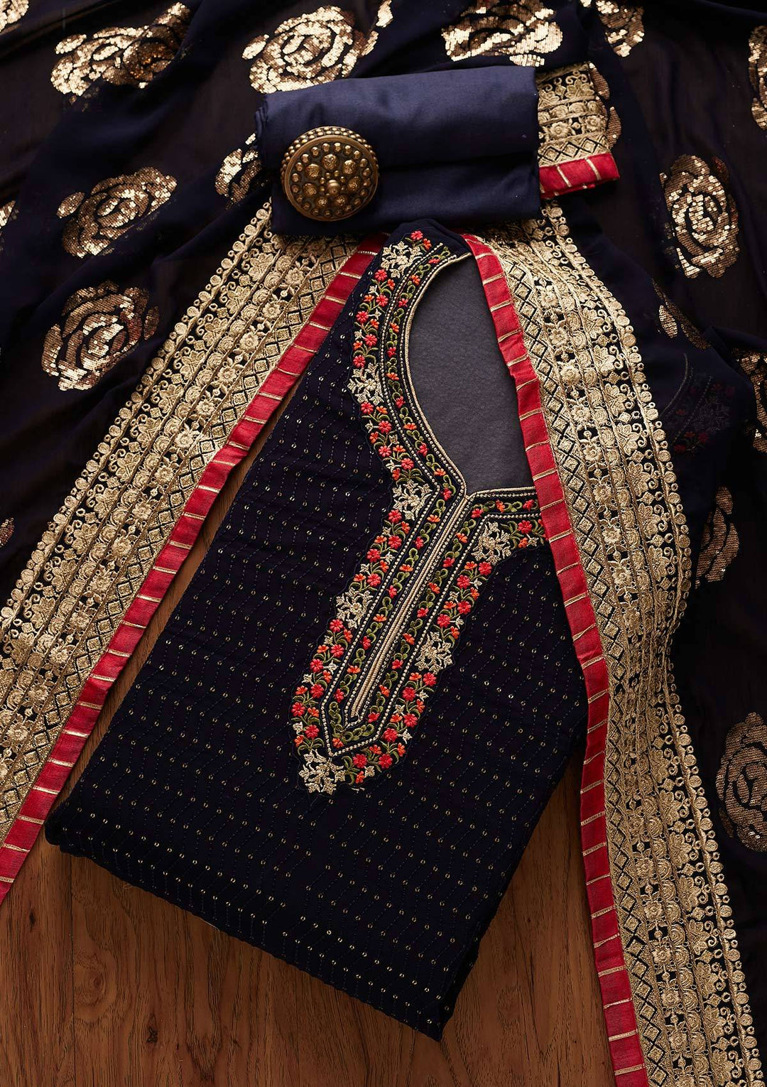 Navy Blue Threadwork Georgette Designer Semi-Stitched Salwar Suit - Koskii