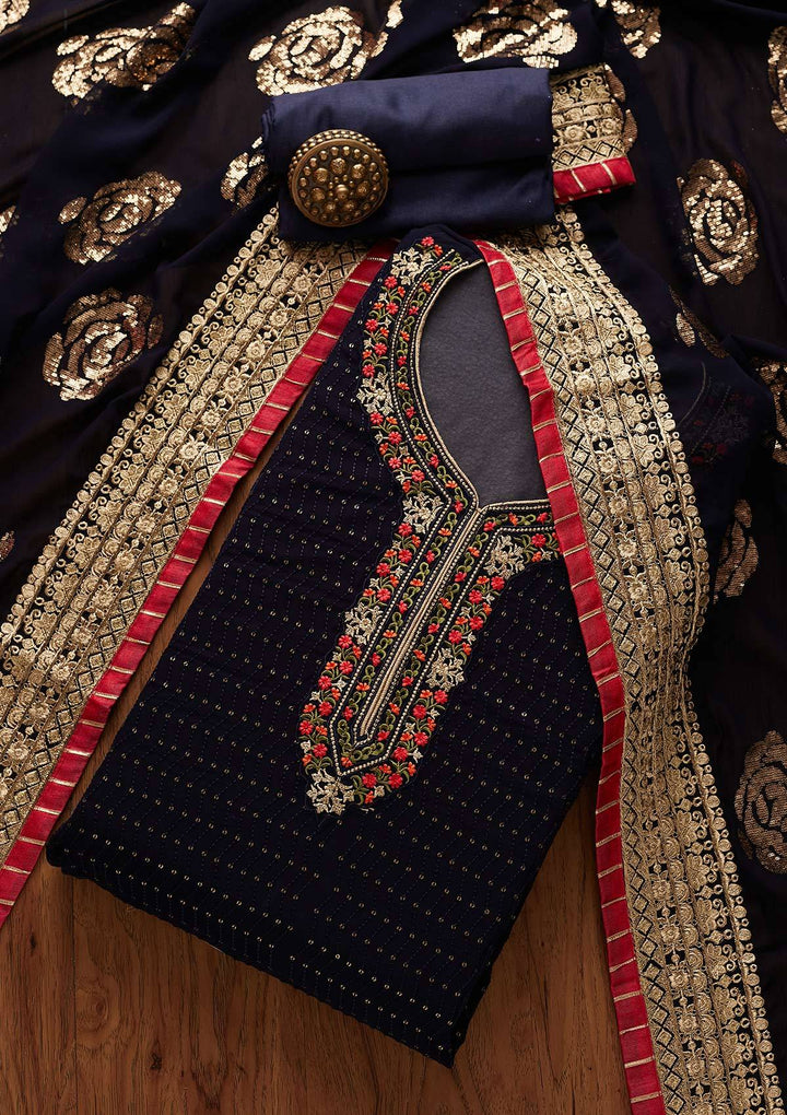 Navy Blue Threadwork Georgette Designer Semi-Stitched Salwar Suit - Koskii