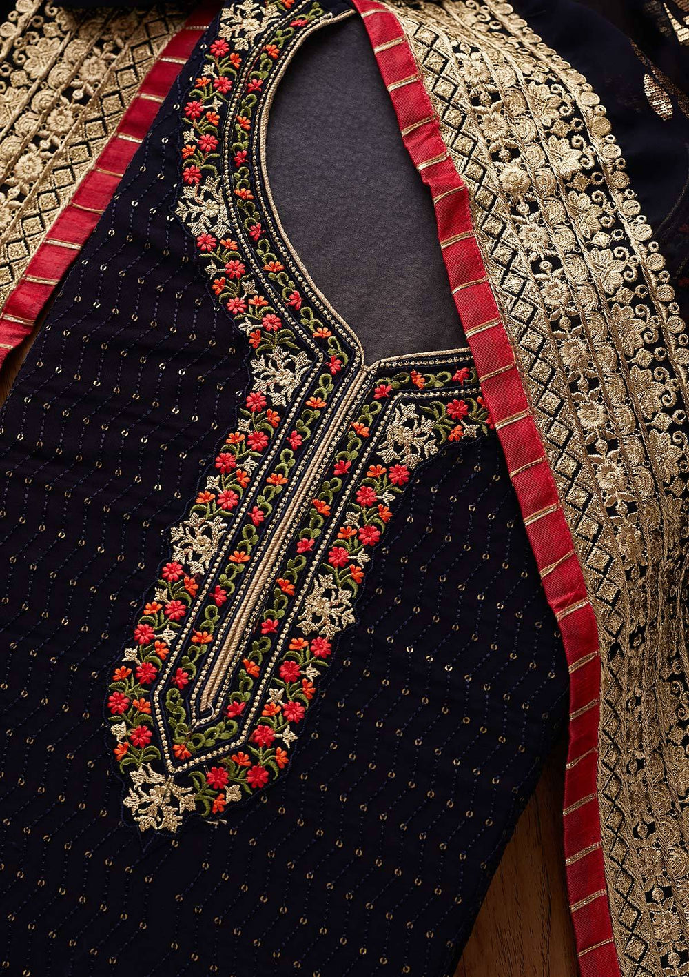 Navy Blue Threadwork Georgette Designer Semi-Stitched Salwar Suit - Koskii