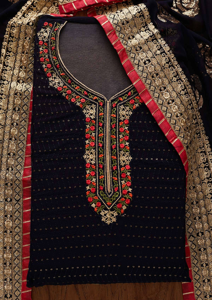 Navy Blue Threadwork Georgette Designer Semi-Stitched Salwar Suit - Koskii
