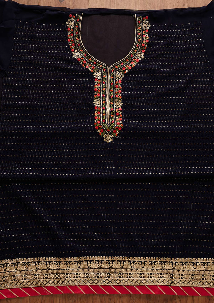 Navy Blue Threadwork Georgette Designer Semi-Stitched Salwar Suit - Koskii