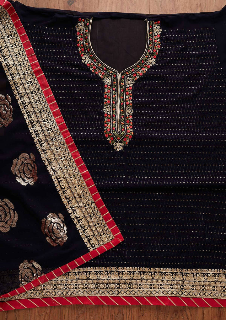 Navy Blue Threadwork Georgette Designer Semi-Stitched Salwar Suit - Koskii