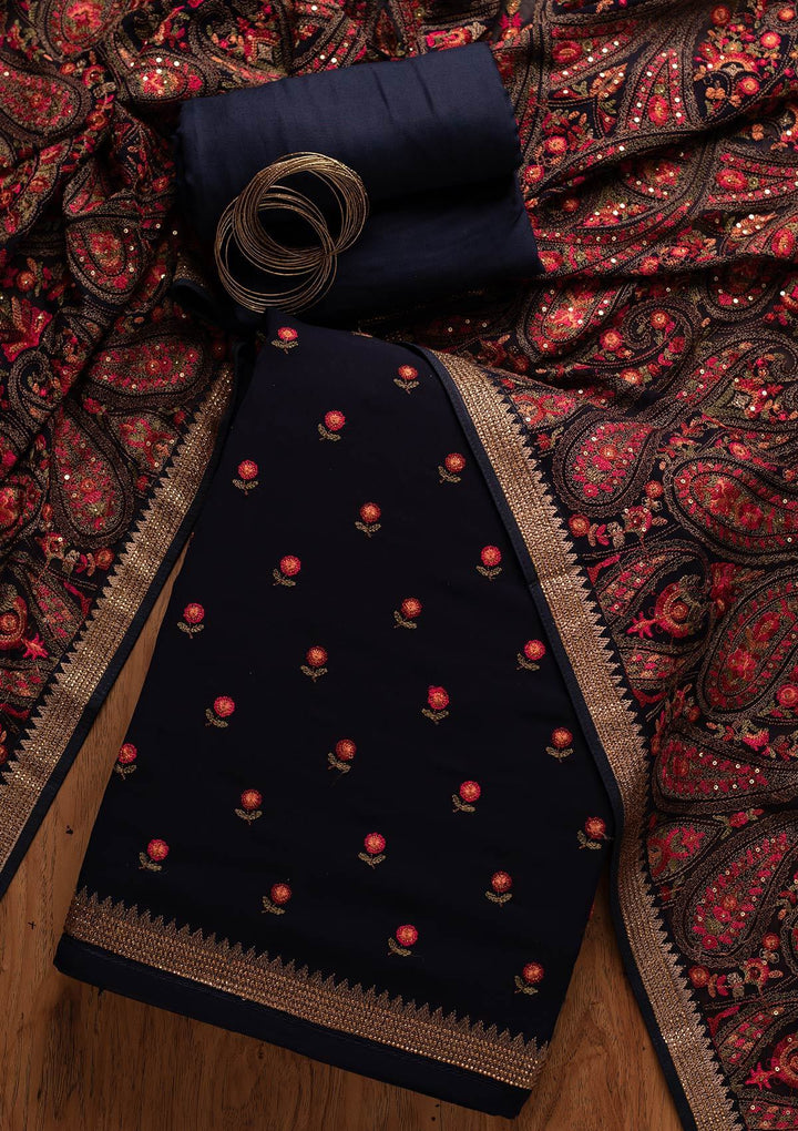 Navy Blue Threadwork Georgette Designer Unstitched Salwar Suit - koskii