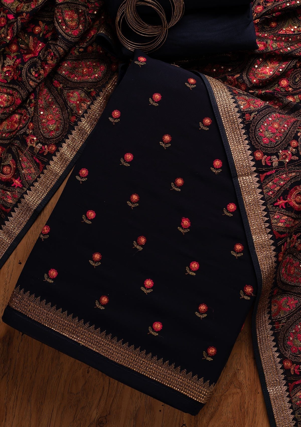 Navy Blue Threadwork Georgette Designer Unstitched Salwar Suit - koskii