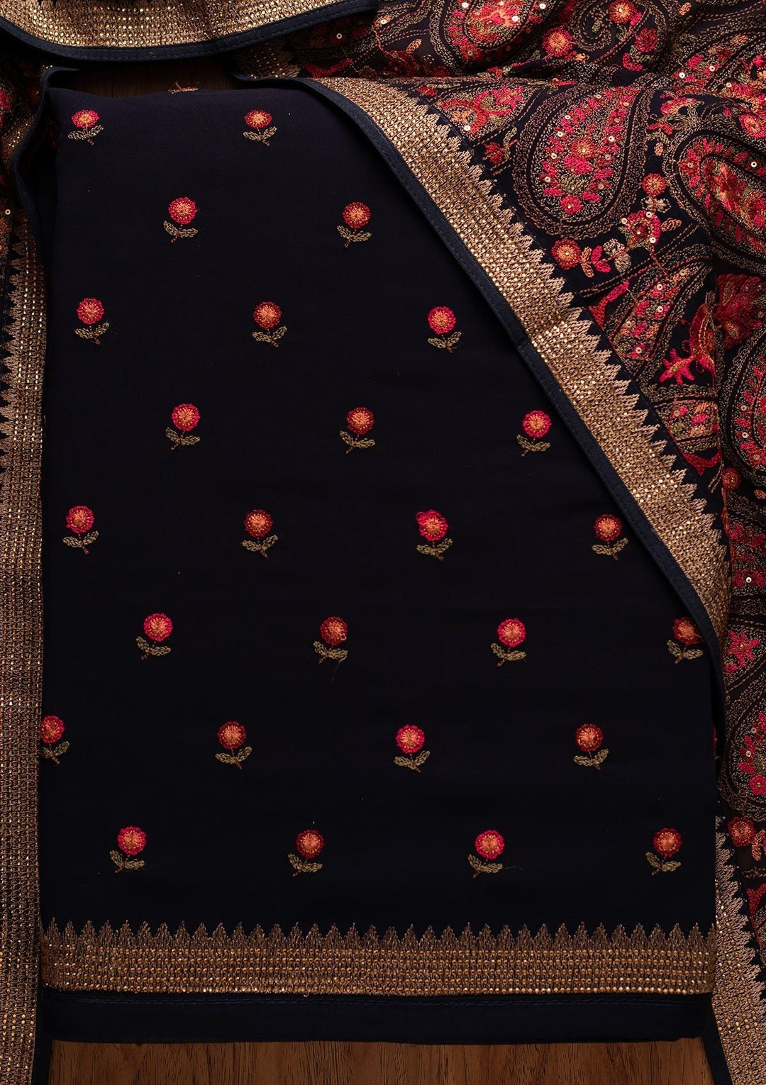 Navy Blue Threadwork Georgette Designer Unstitched Salwar Suit - koskii