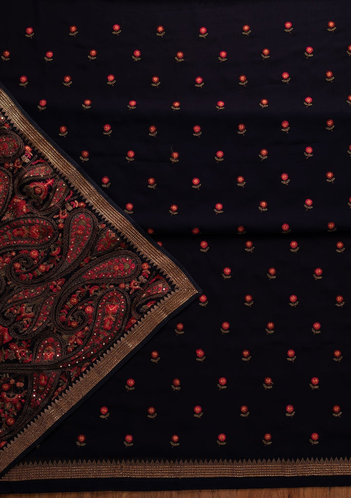 Navy Blue Threadwork Georgette Designer Unstitched Salwar Suit - koskii