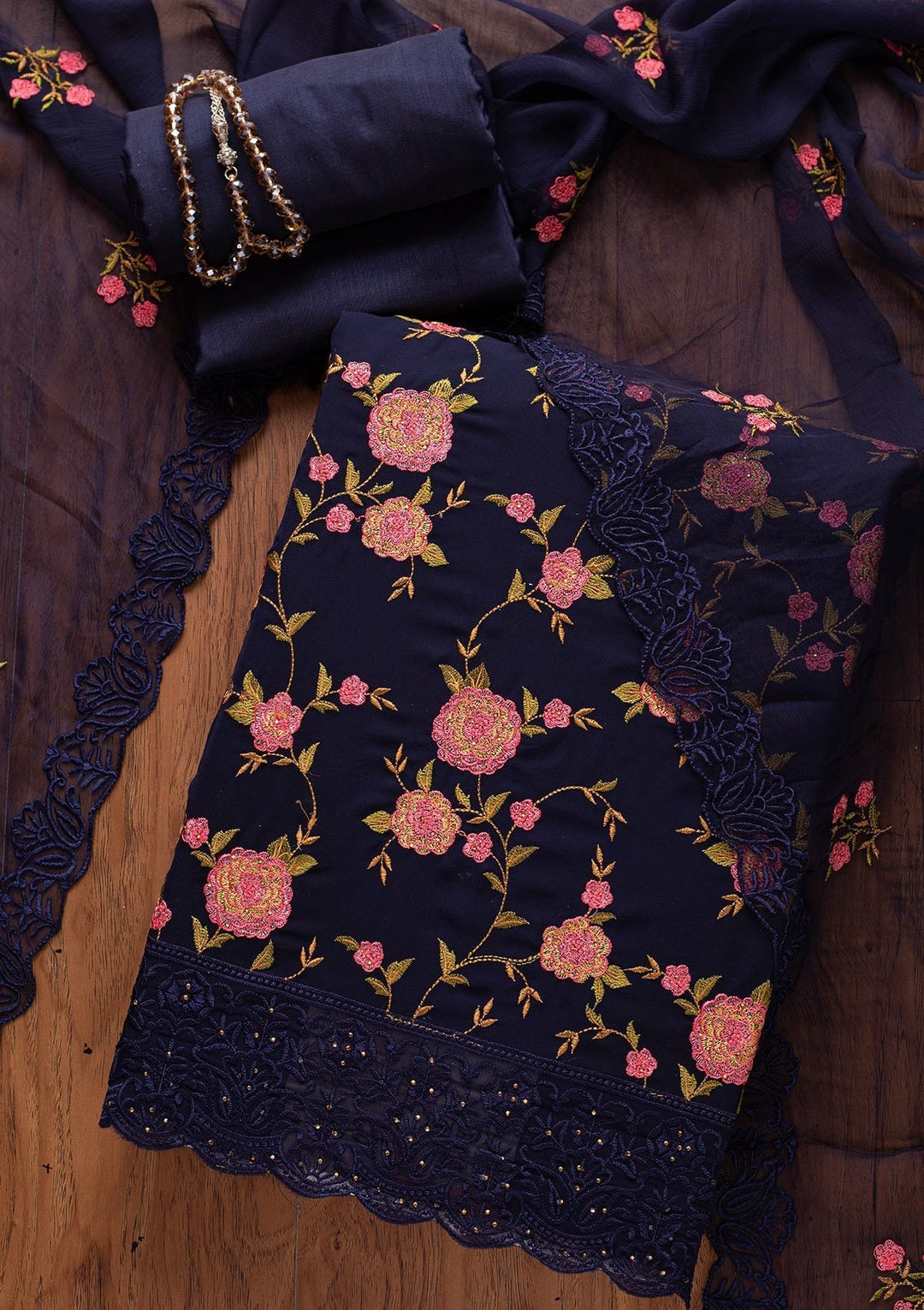Navy Blue Threadwork Georgette Designer Unstitched Salwar Suit - koskii