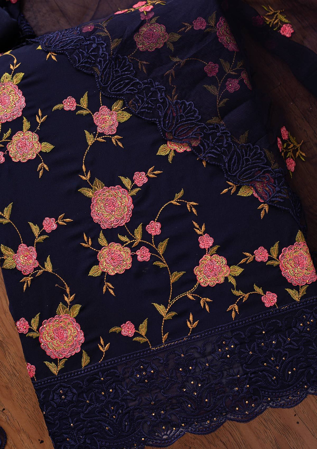 Navy Blue Threadwork Georgette Designer Unstitched Salwar Suit - koskii