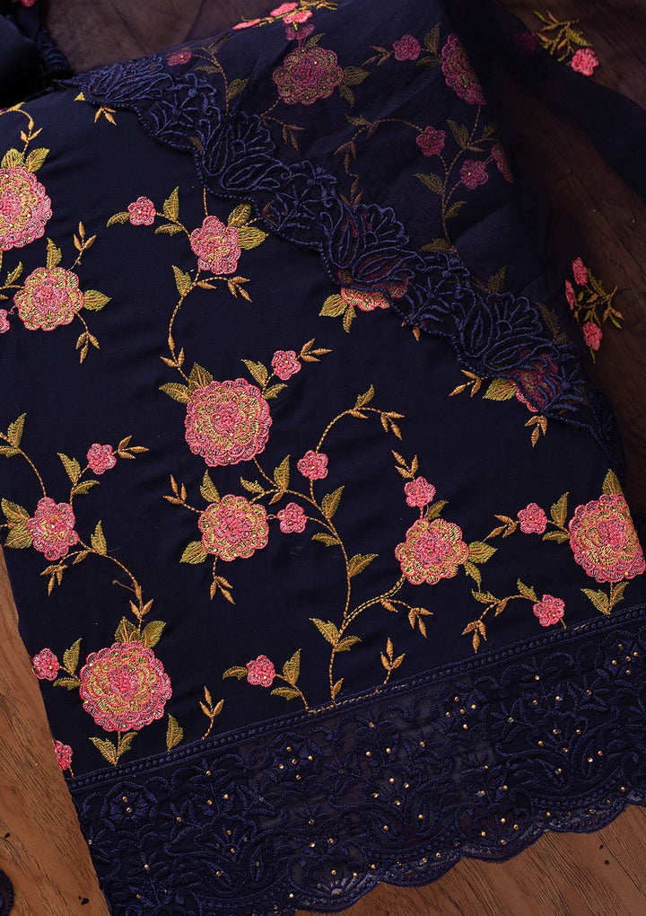 Navy Blue Threadwork Georgette Designer Unstitched Salwar Suit - koskii
