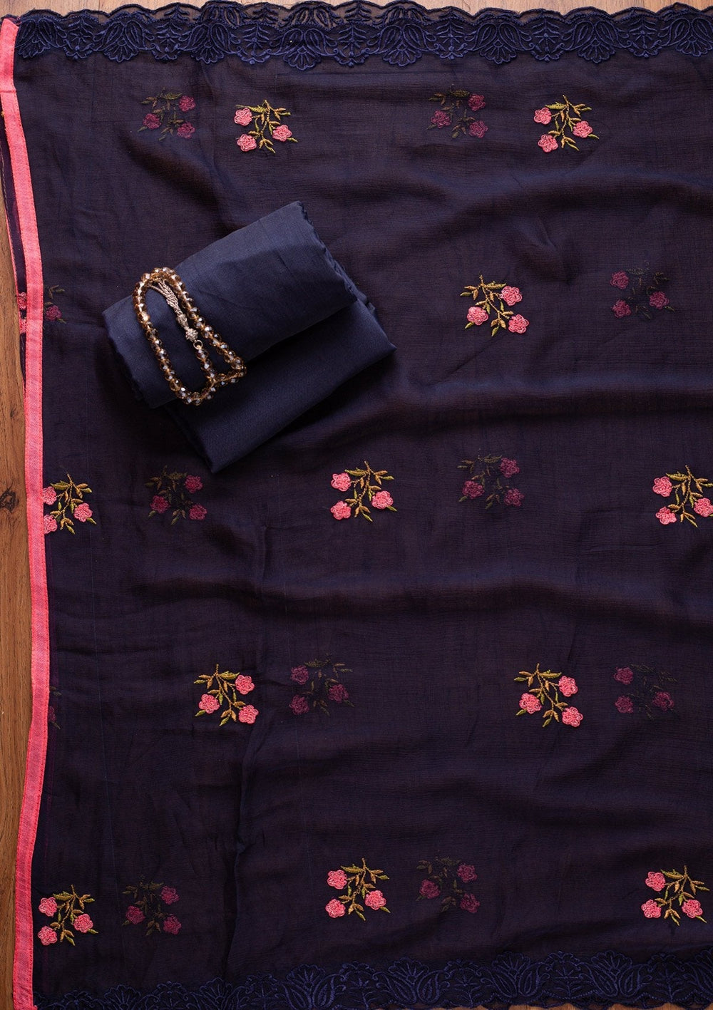 Navy Blue Threadwork Georgette Designer Unstitched Salwar Suit - koskii
