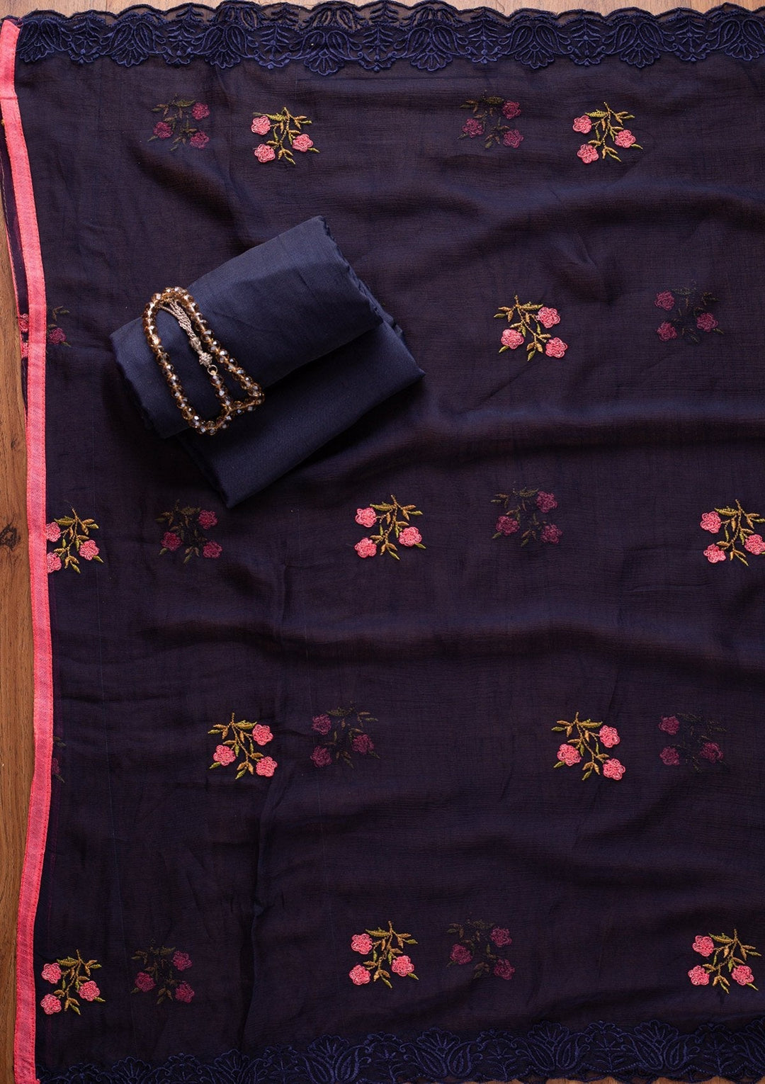 Navy Blue Threadwork Georgette Designer Unstitched Salwar Suit - koskii