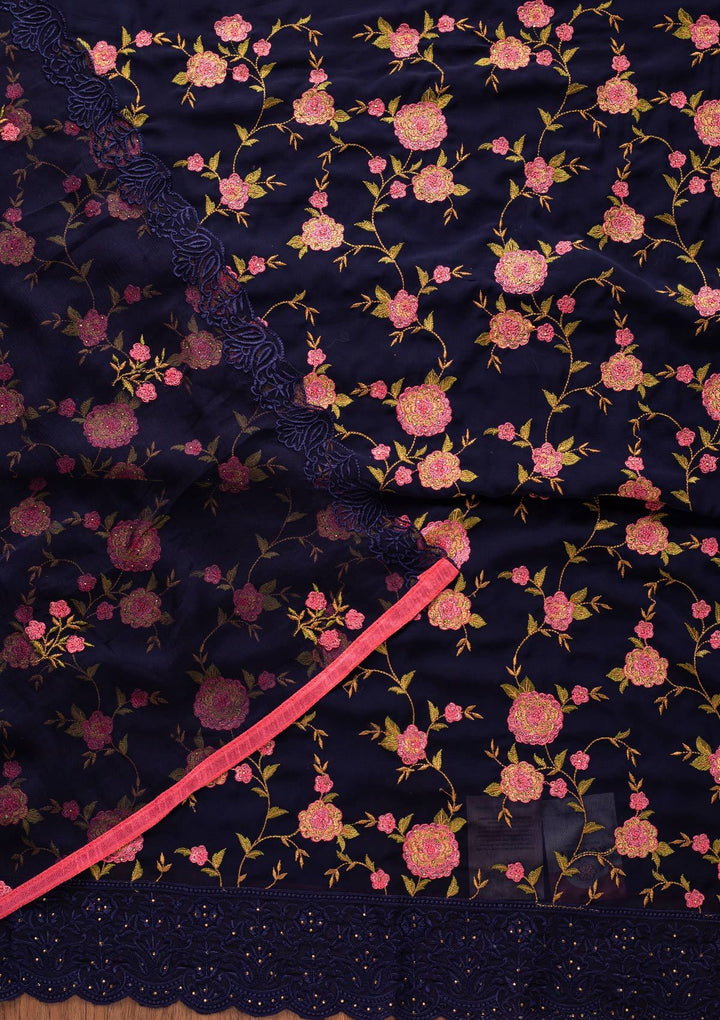 Navy Blue Threadwork Georgette Designer Unstitched Salwar Suit - koskii