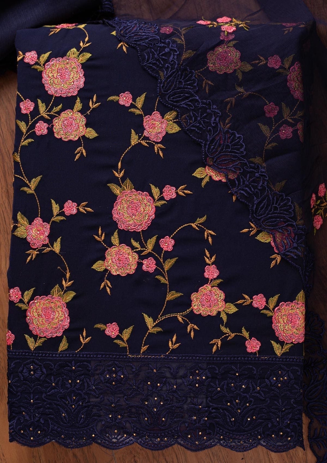 Navy Blue Threadwork Georgette Designer Unstitched Salwar Suit - koskii
