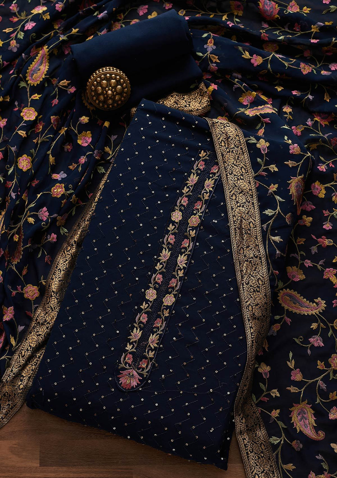 Navy Blue Threadwork Georgette Designer Unstitched Salwar Suit - Koskii