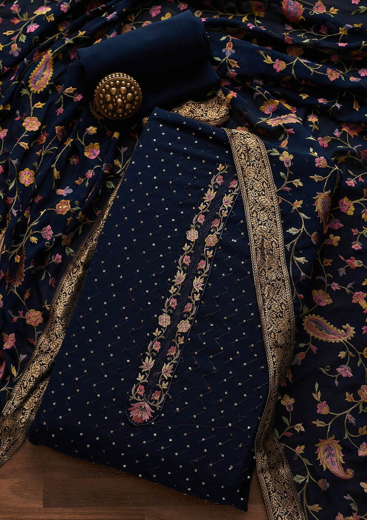 Navy Blue Threadwork Georgette Designer Unstitched Salwar Suit - Koskii