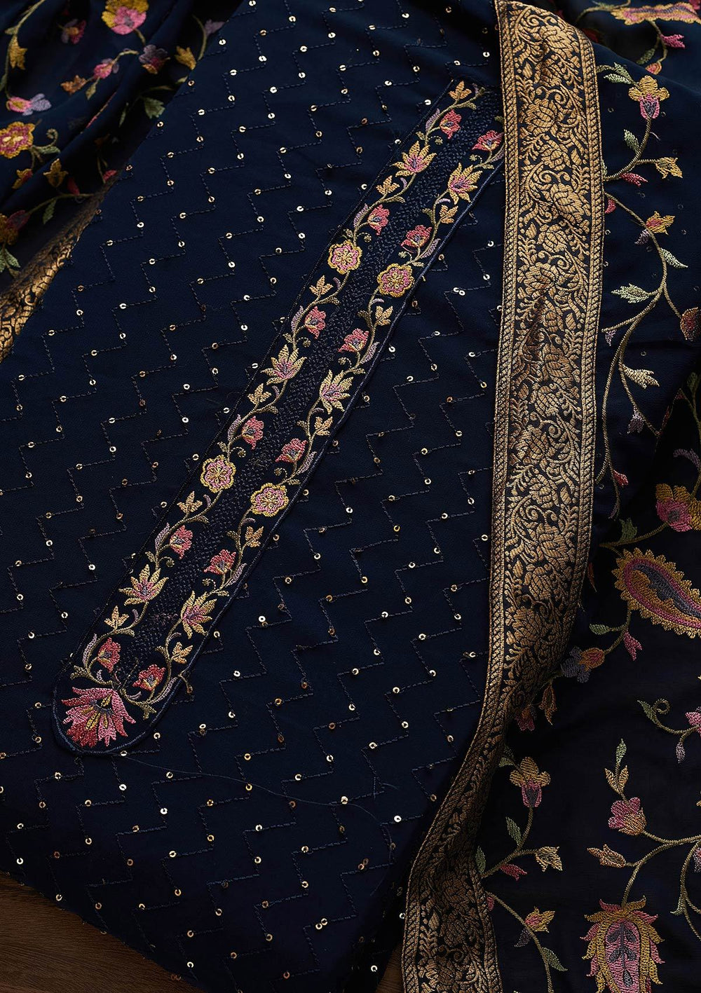Navy Blue Threadwork Georgette Designer Unstitched Salwar Suit - Koskii