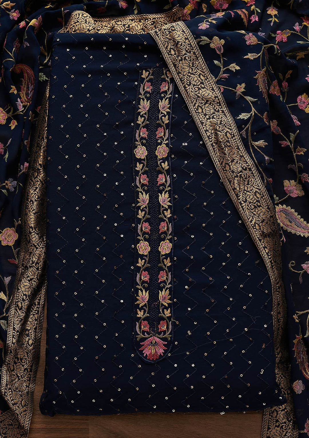 Navy Blue Threadwork Georgette Designer Unstitched Salwar Suit - Koskii