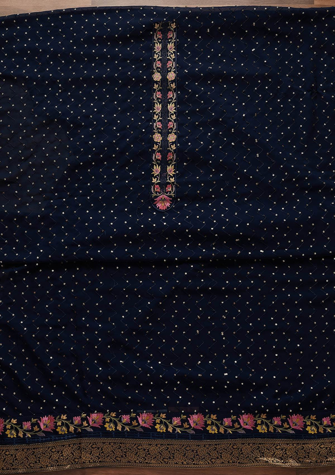 Navy Blue Threadwork Georgette Designer Unstitched Salwar Suit - Koskii
